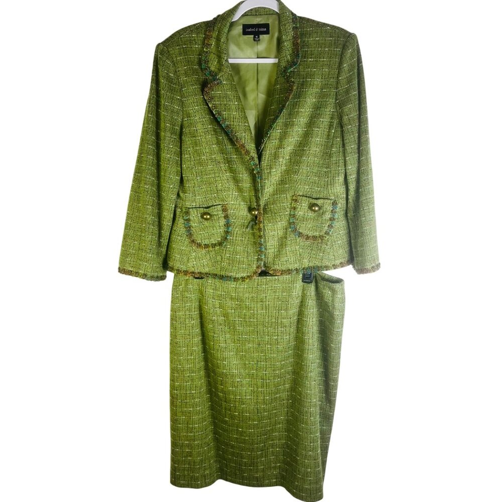 Isabel & Nina Green Tweed Womens Skirt Suit Set Size 16